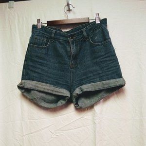 KC high-waisted medium wash blue jean shorts